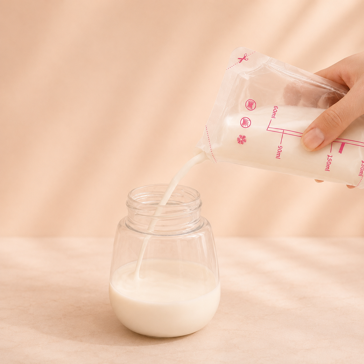 Moedermelk uitgieten uit Flowie melkbewaarzakje in flesje