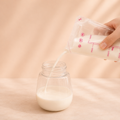 Moedermelk uitgieten uit Flowie melkbewaarzakje in flesje