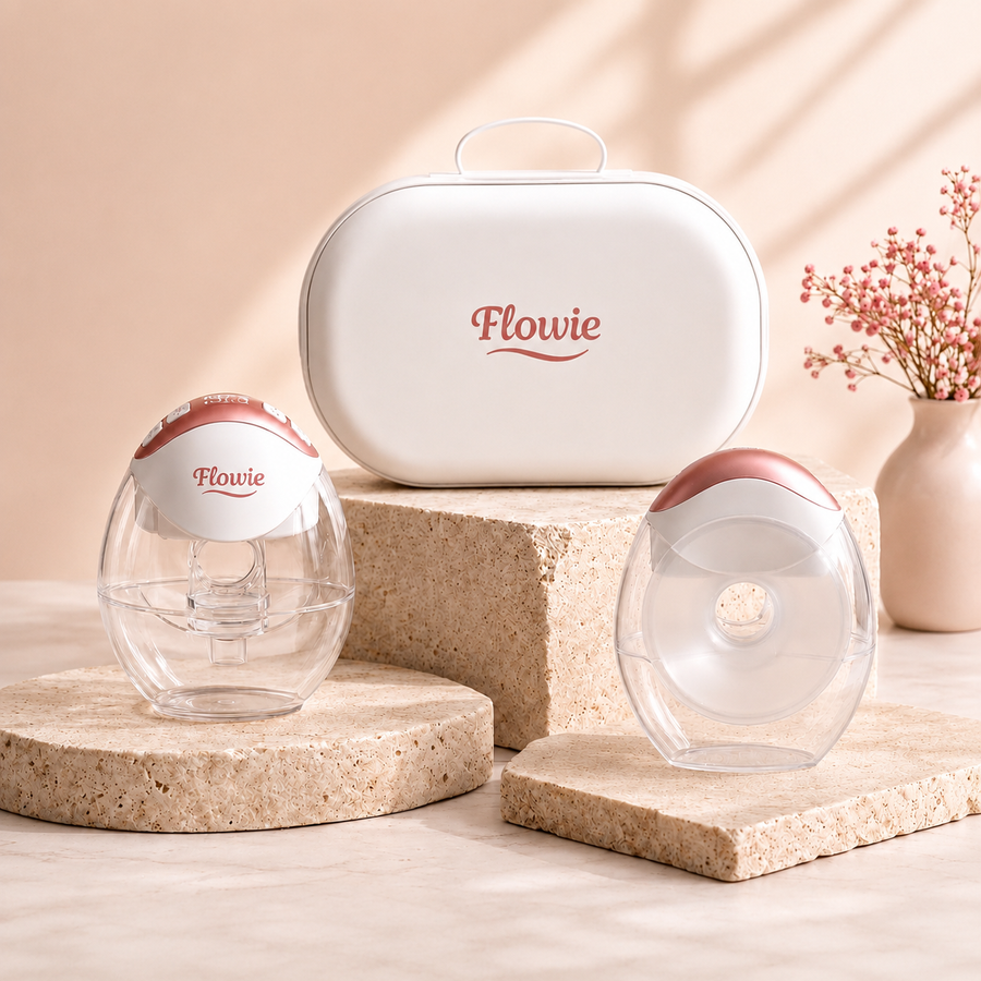 Flowie Duo handsfree borstkolf set met opbergtas op stenen plateau