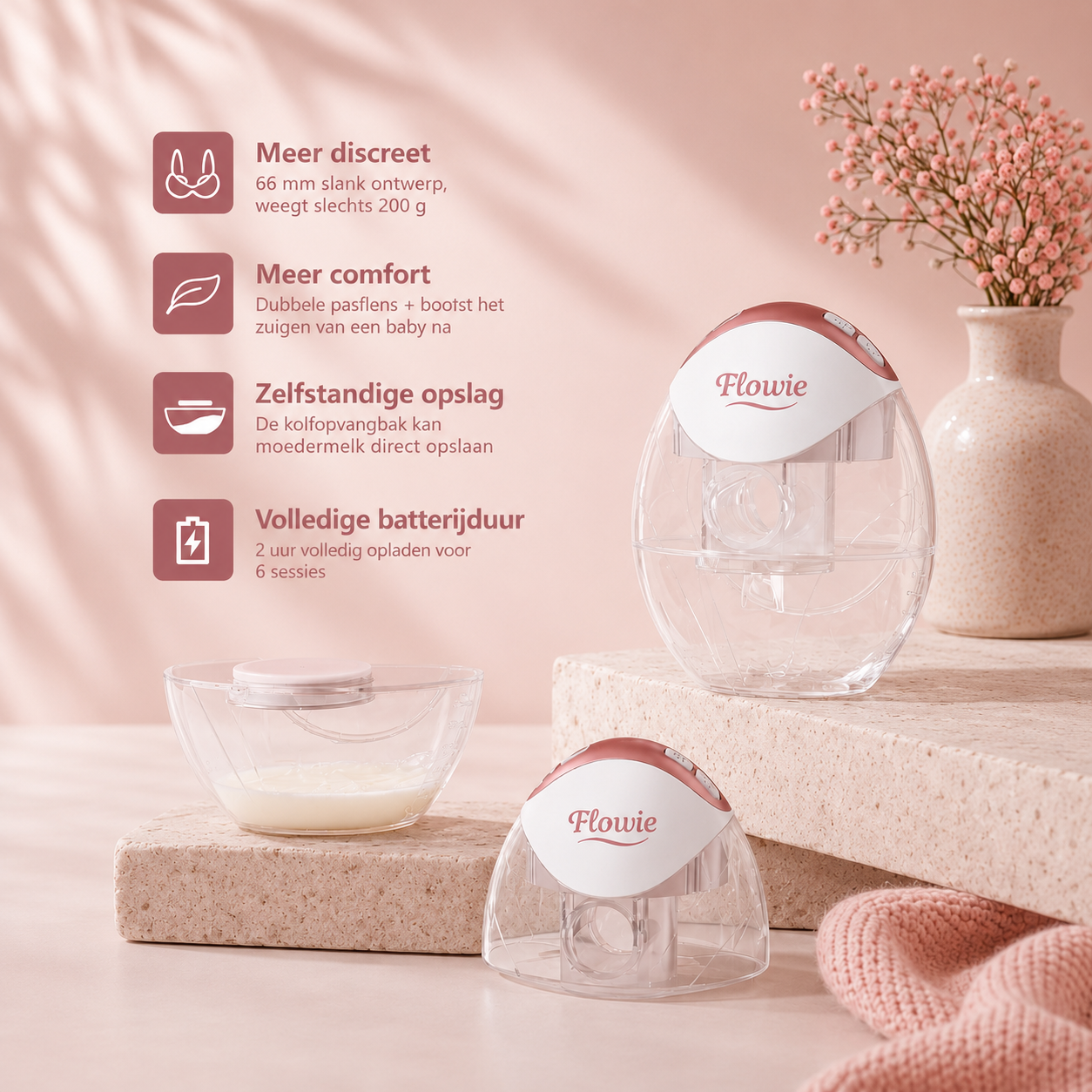 Flowie Duo handsfree borstkolf kenmerken: discreet, comfort, opslag en batterij