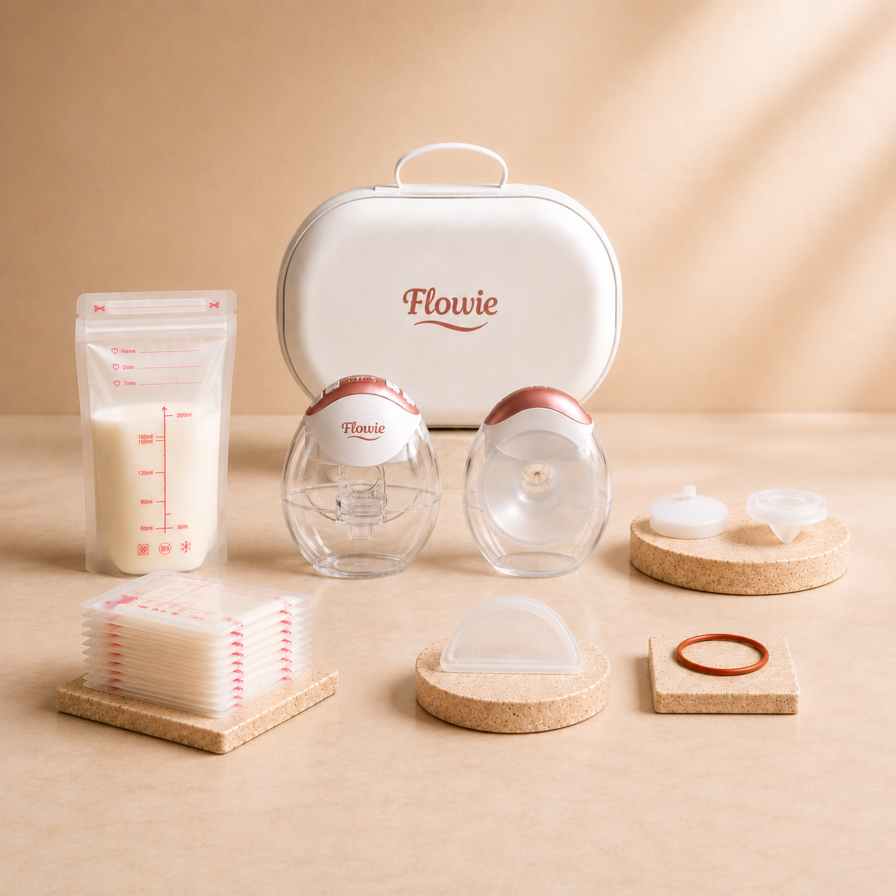 Flowie Duo werkproof set compleet met borstkolven melkzakjes opbergtas en accessoires