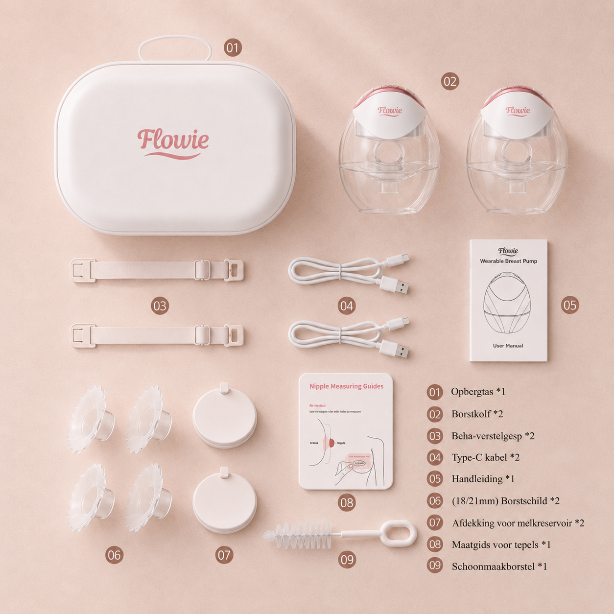 Flowie Duo complete inhoud set inclusief borstkolven borstschild en accessoires