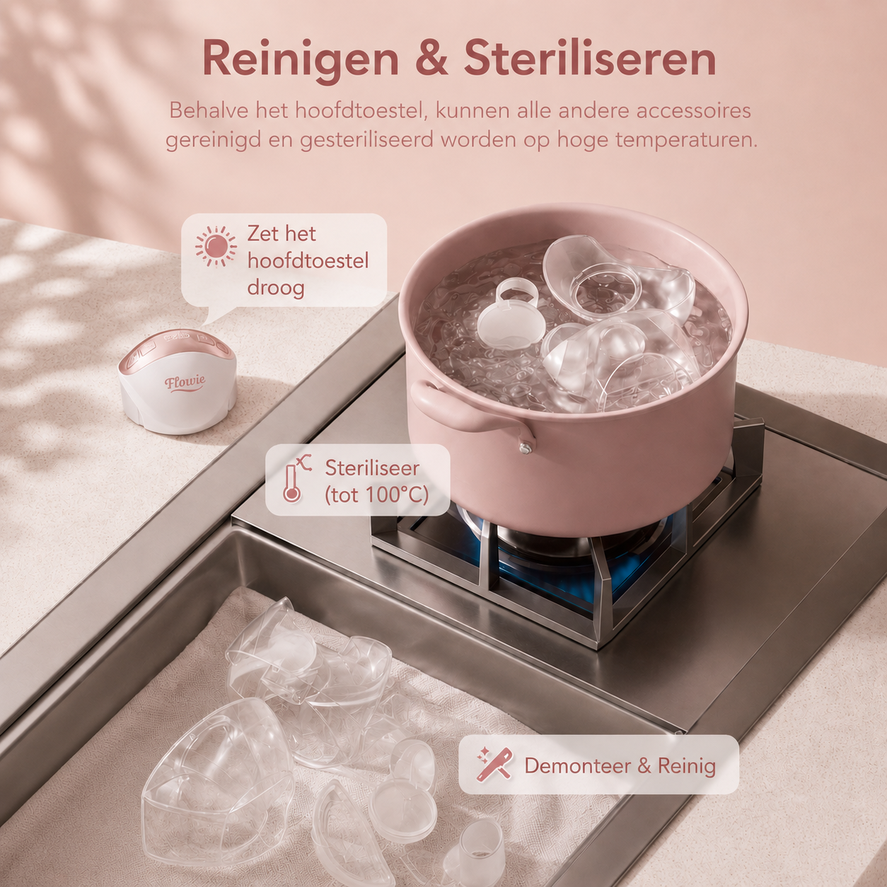Flowie Duo borstkolf accessoires reinigen en steriliseren tot 100 graden
