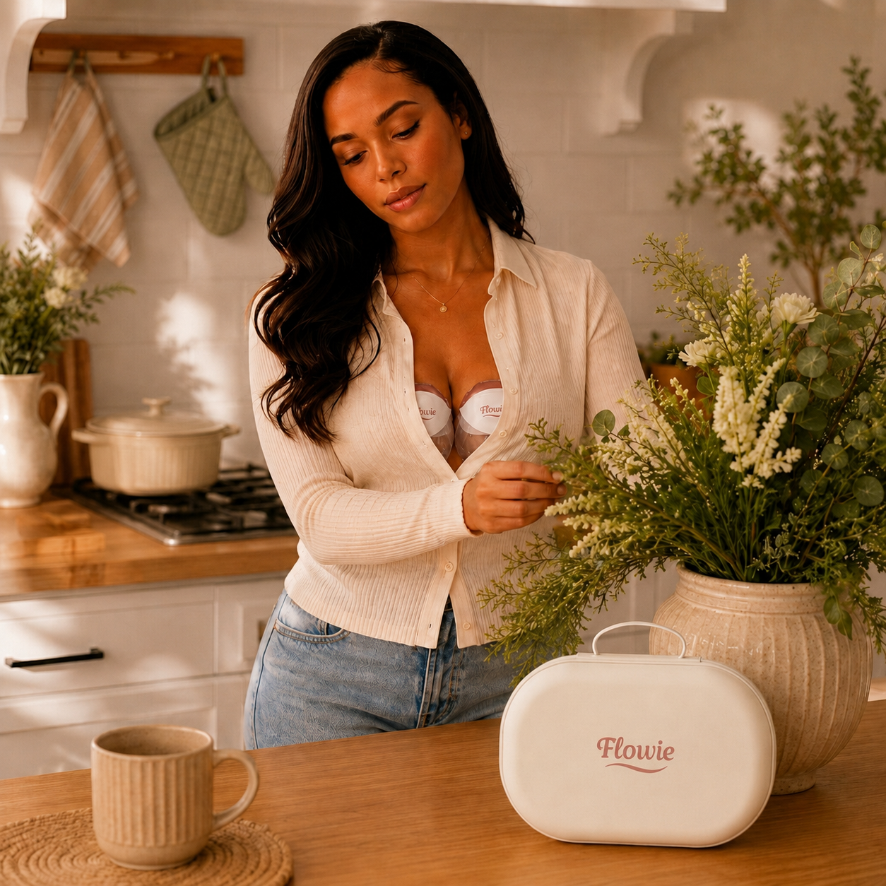 Vrouw kolft handsfree met Flowie Duo in de keuken met opbergtas