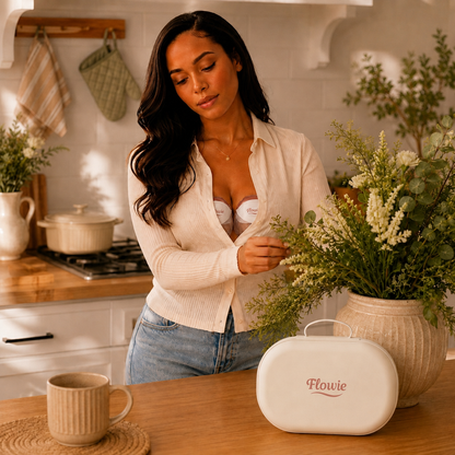 Vrouw kolft handsfree met Flowie Duo in de keuken met opbergtas